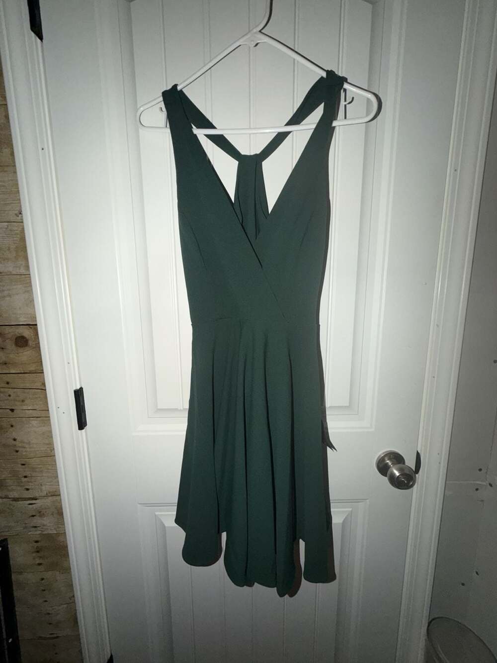 Lulus Wonder Whirl Dark Green Twist Back Skater Dress‎